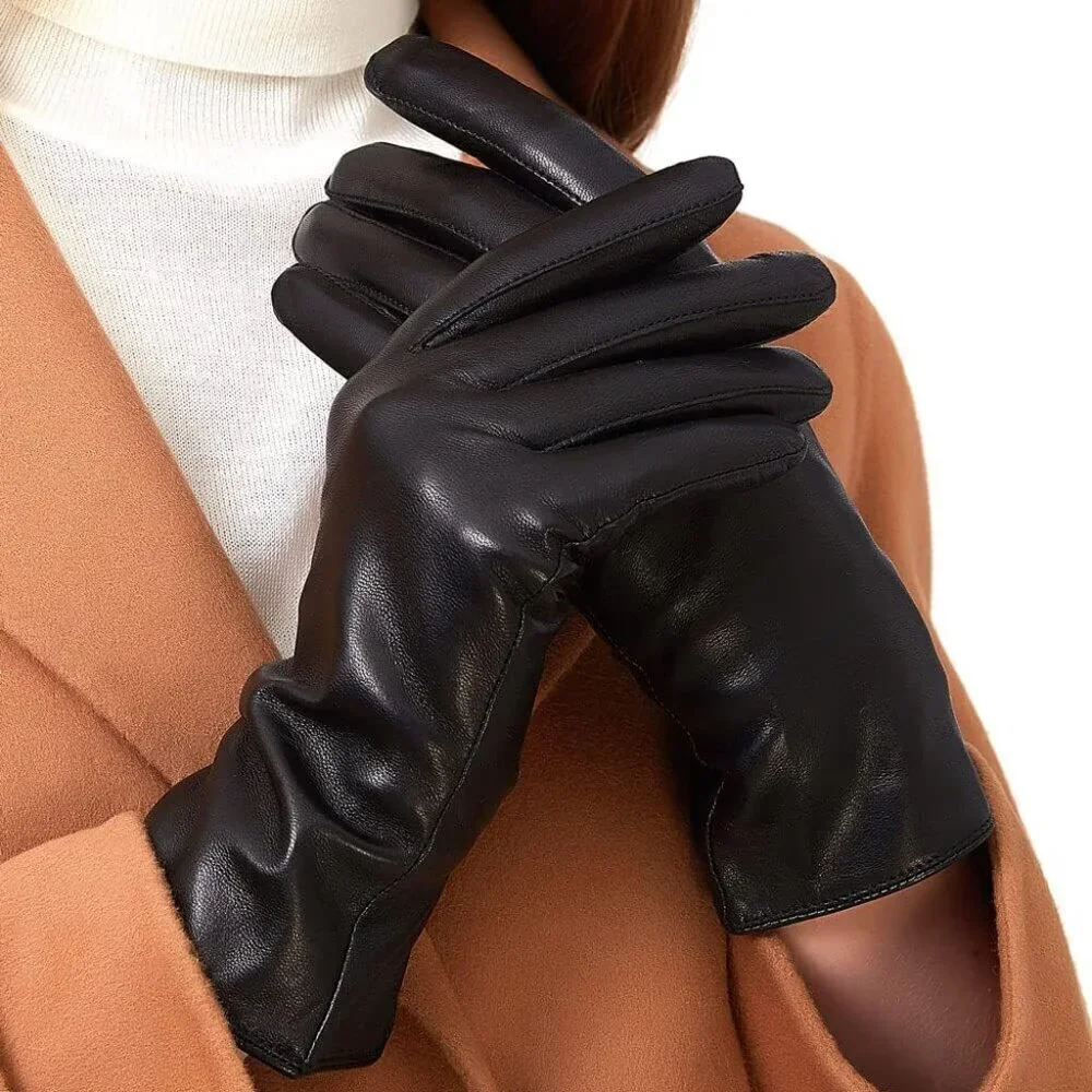 Women’s Leather Gloves Genuine SheepSkin Leather Cold Weather Cashmere Black 2